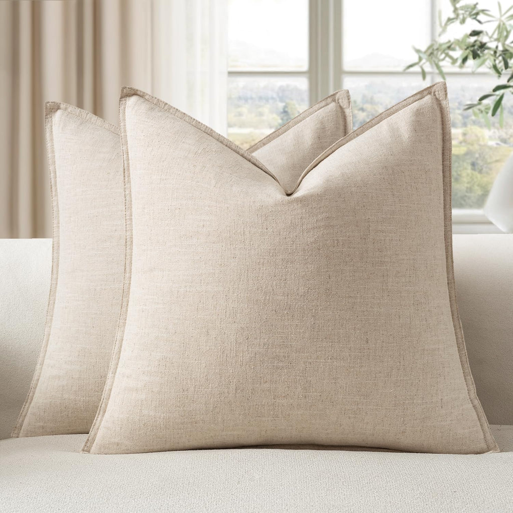 EMEMA Decorative Linen Throw Pillow Covers 24x24 Inch Natural Beige Boho Farmhouse Neutral Couch Throw Pillows for Bed Pack of 2 Accent…