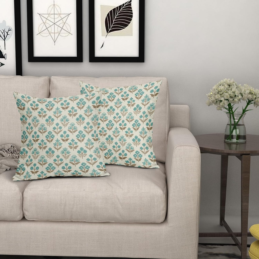 Brown Cyan Floral Pillow Covers 22x22 Inch Set of 2, Vintage Flower Block Print Pattern Decorative Throw Pillowcases Outdoor Farmhouse…