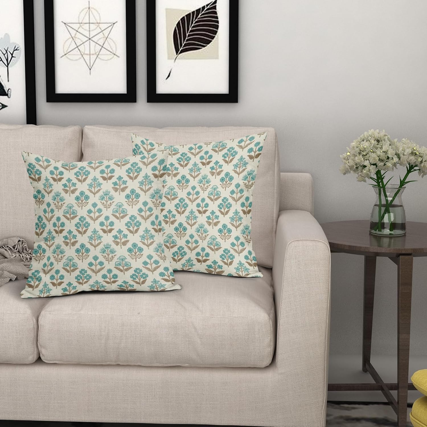 Brown Cyan Floral Pillow Covers 22x22 Inch Set of 2, Vintage Flower Block Print Pattern Decorative Throw Pillowcases Outdoor Farmhouse…