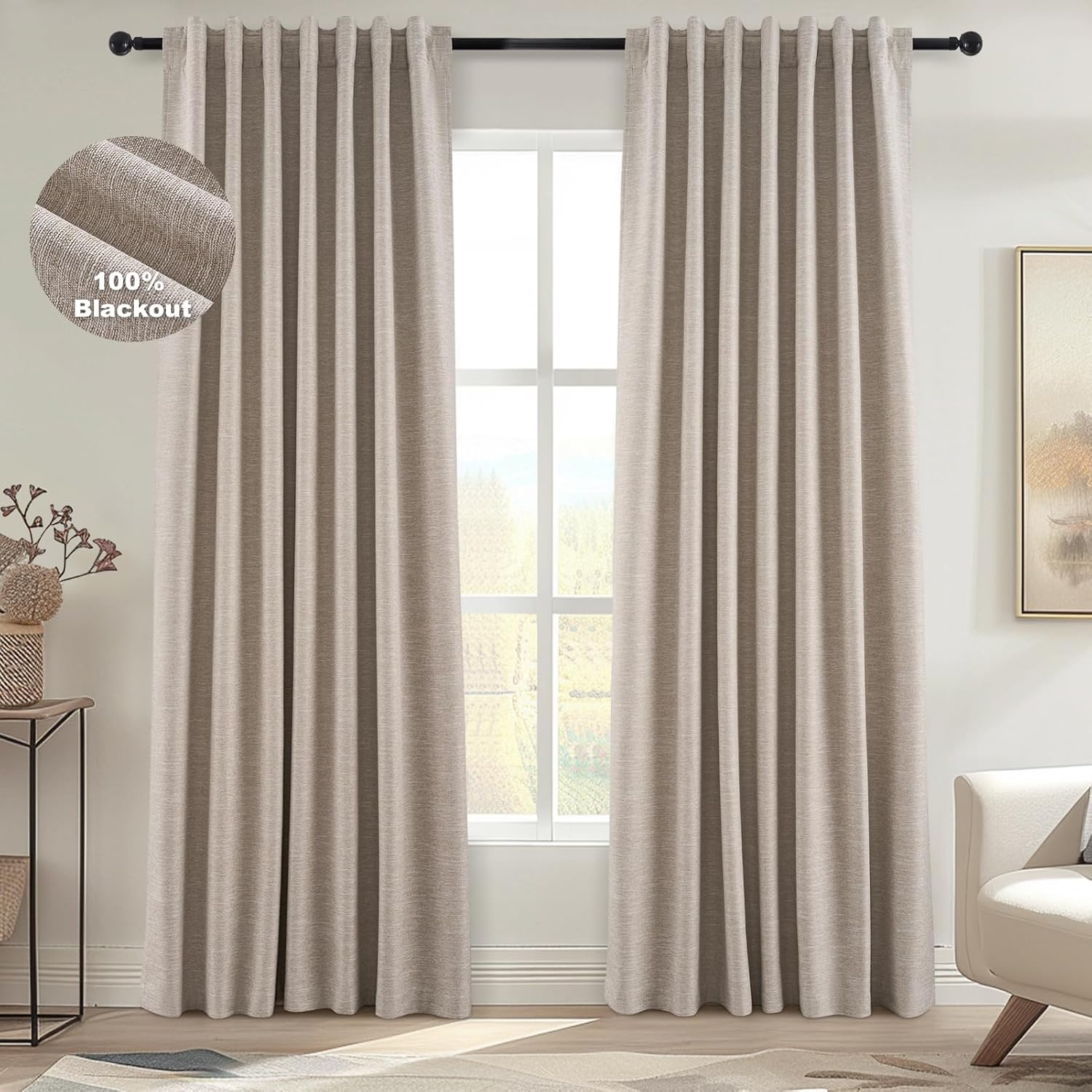 Topfinel Light Blocking Rustic 96 Inch Long Linen Curtains 2 Panel Set, Modern Farmhouse Curtains for Living Room, Room Darkening Tab Top T…
