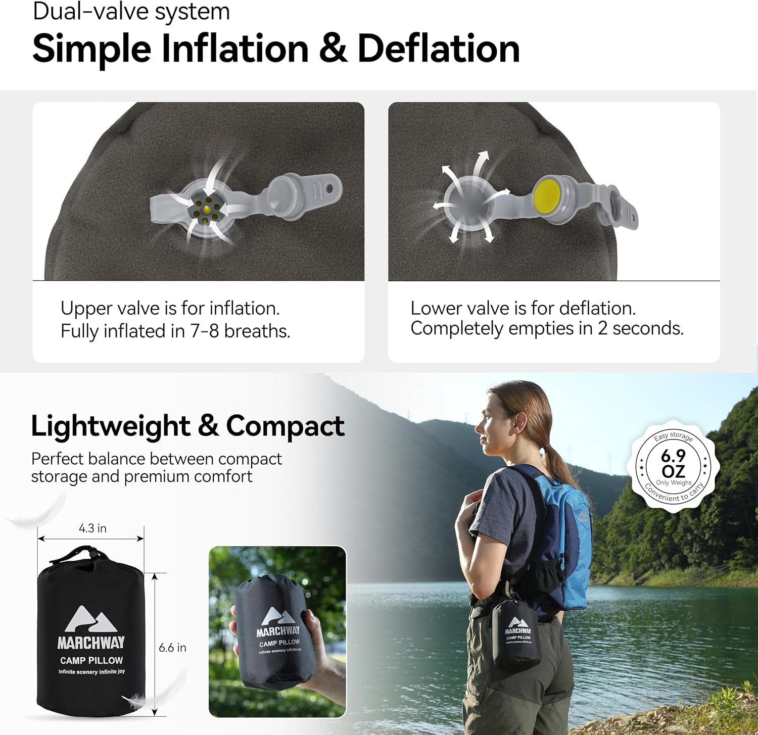 MARCHWAY Inflatable Camping Pillow with Soft Foam Top & TPU Air Bladder, Dual-Sided Support for All-Season, Lightweight Compact Travel…