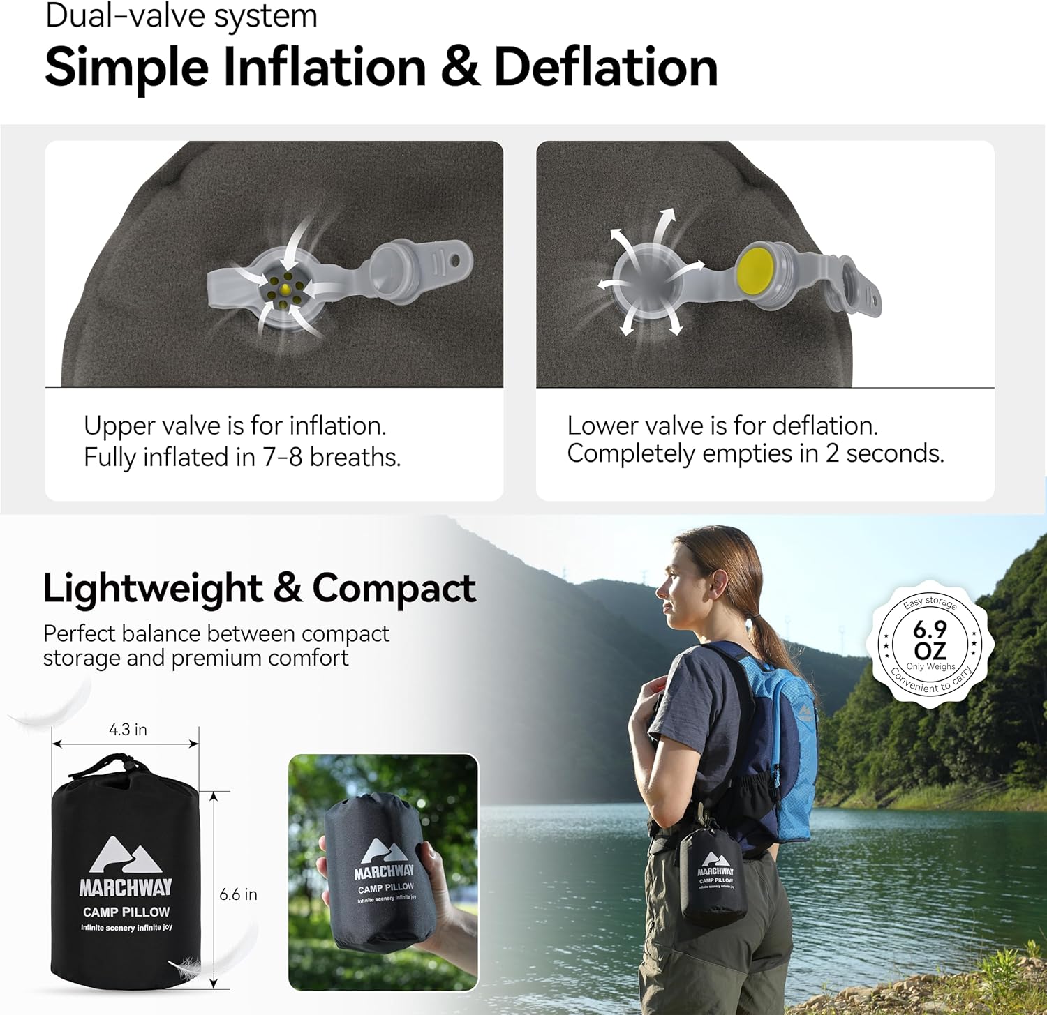 MARCHWAY Inflatable Camping Pillow with Soft Foam Top & TPU Air Bladder, Dual-Sided Support for All-Season, Lightweight Compact Travel…