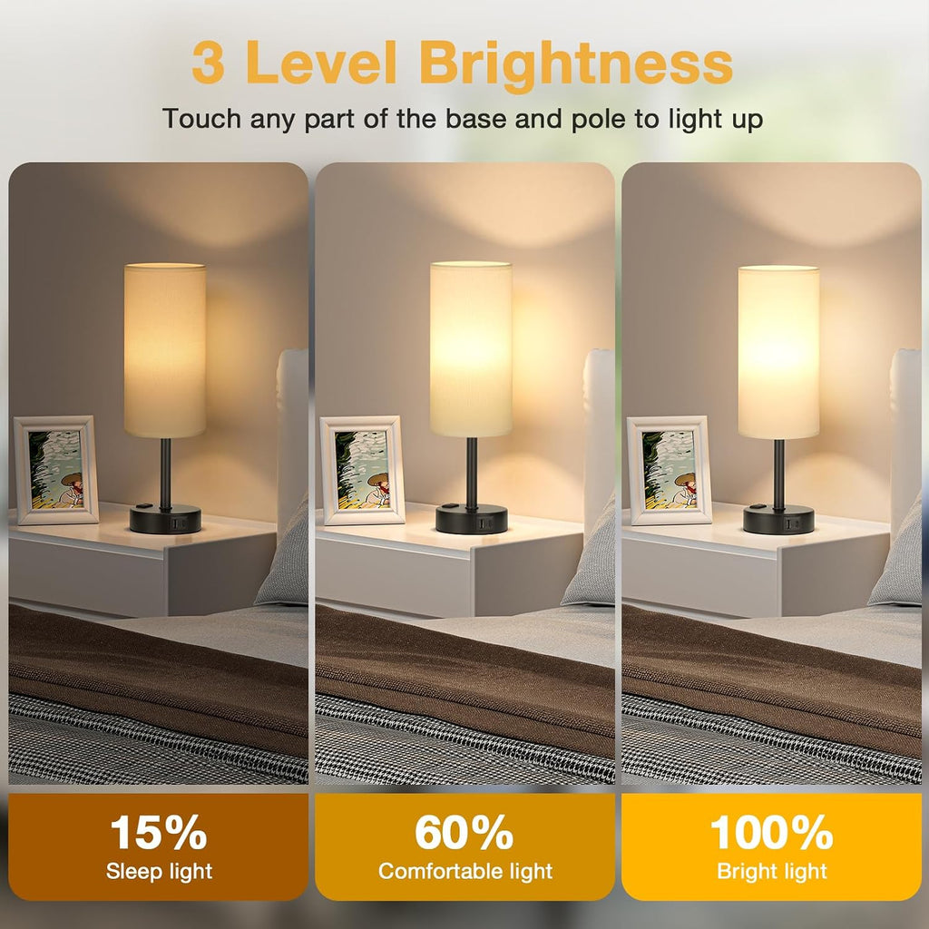 PartageiZ White Bedroom Lamps Set of 2-3 Way Dimmable Touch Table Lamps with USB C and A Ports, Bedside Lamps for Nightstand with AC…