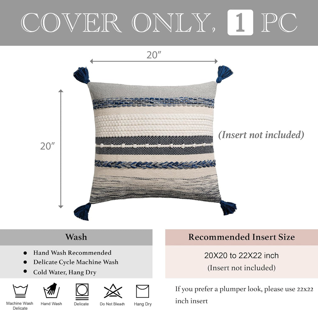 BlissBlush Navy Dark Blue Decorative Throw Pillow Cover 20x20 Square Boho Accent Pillowcase Tassels Farmhouse Cushion for Couch Sofa…