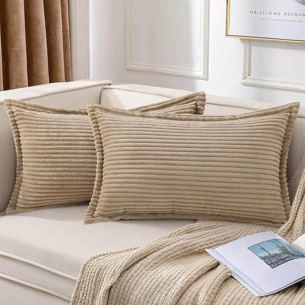Mecatny Corduroy Summer Throw Pillow Covers 12x20 Set of 2, Neutral Decorative Soft Boho Lumbar Couch Pillow Covers with Broadside for…