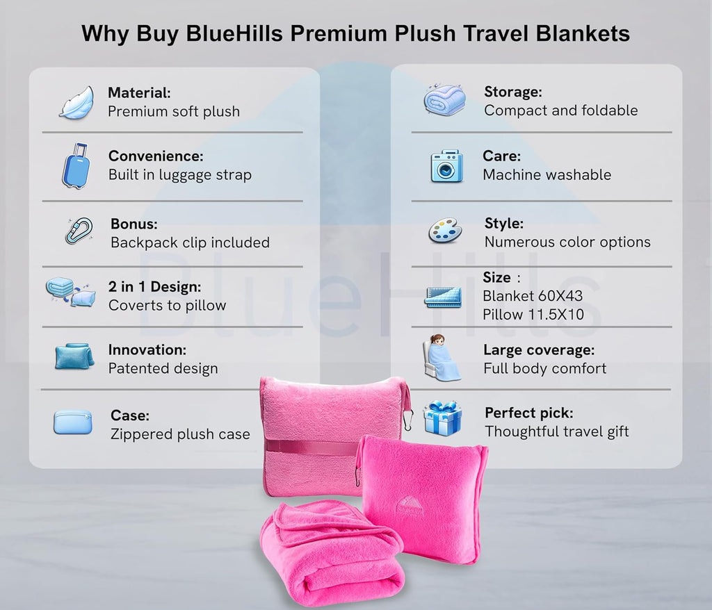 BlueHills Premium Soft Travel Blanket Pillow Airplane Blanket Packed in Soft Bag Pillowcase with Hand Luggage Belt and Backpack Clip…