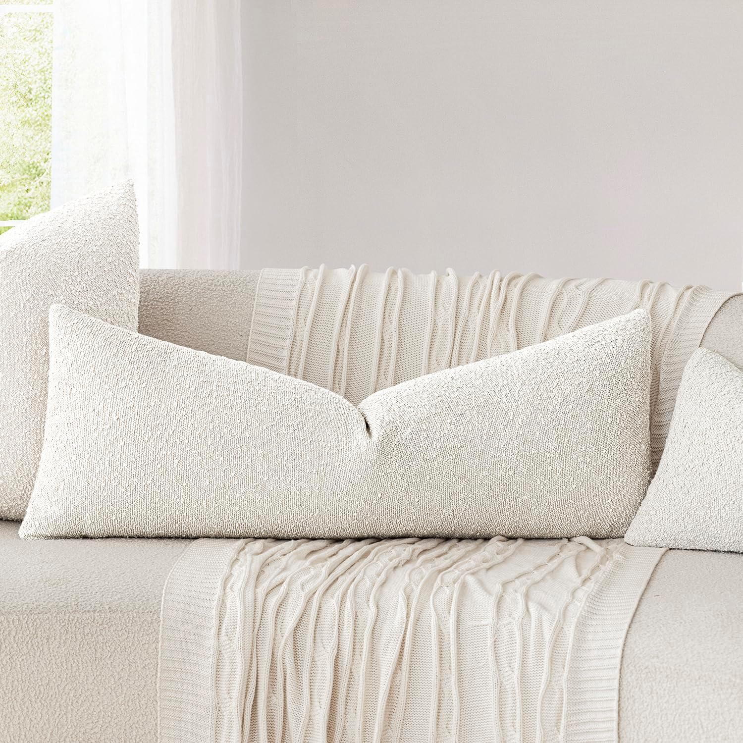 Foindtower Decorative Textured Boucle Throw Pillow Covers Accent Solid Pillow Cases Neutral Long Body Lumbar Couch Cushion Case for Chair…