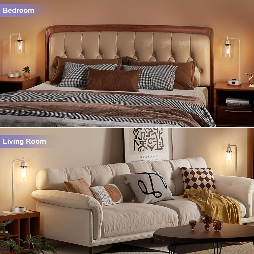 Industrial Touch Table Lamps for Bedrooms Set of 2 - 3-Way Dimmable Lamps with USB C+A Ports and Outlet, Champagne Gold Bedside Lamps…