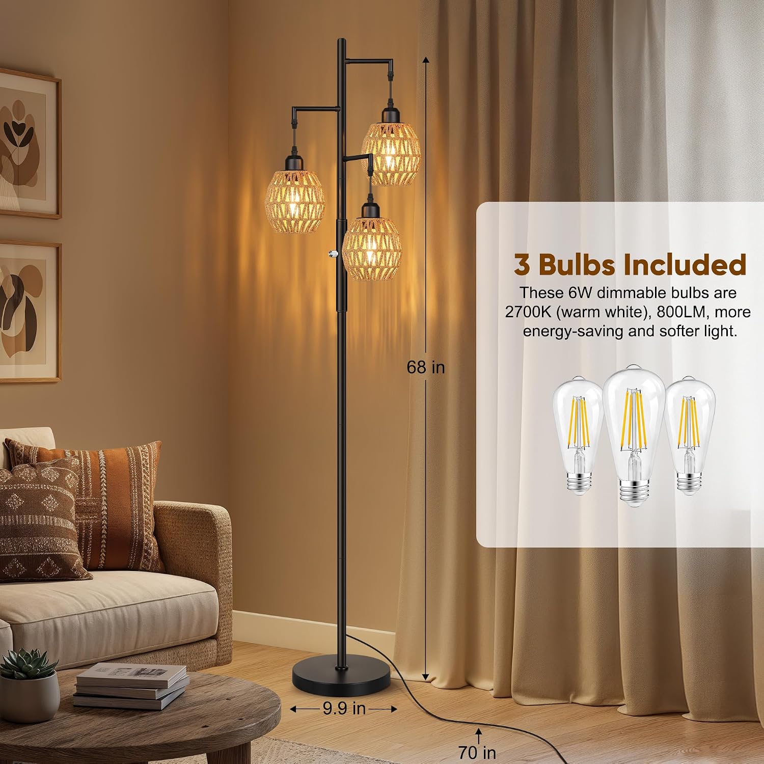 ROTTOGOON Dimmable Boho Floor Lamp - 3 Light Farmhouse Rattan Floor Lamps for Living Room, Tree Floor Lamps with Bohemian lampshades…