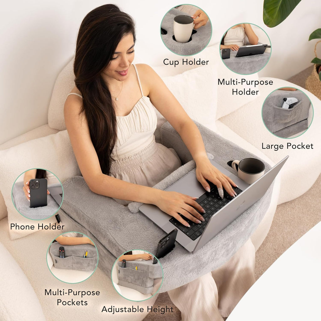 Reading Pillow for Gaming – Extra Large Lap Desk & Arm Rest with Cup & Phone Holder, Adjustable Heights, Laptop Support, Large Pockets –…