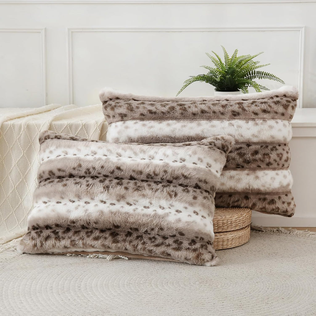 Chumerry Fuzzy Faux Fur Pillow Case Plush Shaggy Pillow Cover Plaid Check Texture Extra Soft Fluffy Faux Rabbit Fur Fabric Brown Decorative…