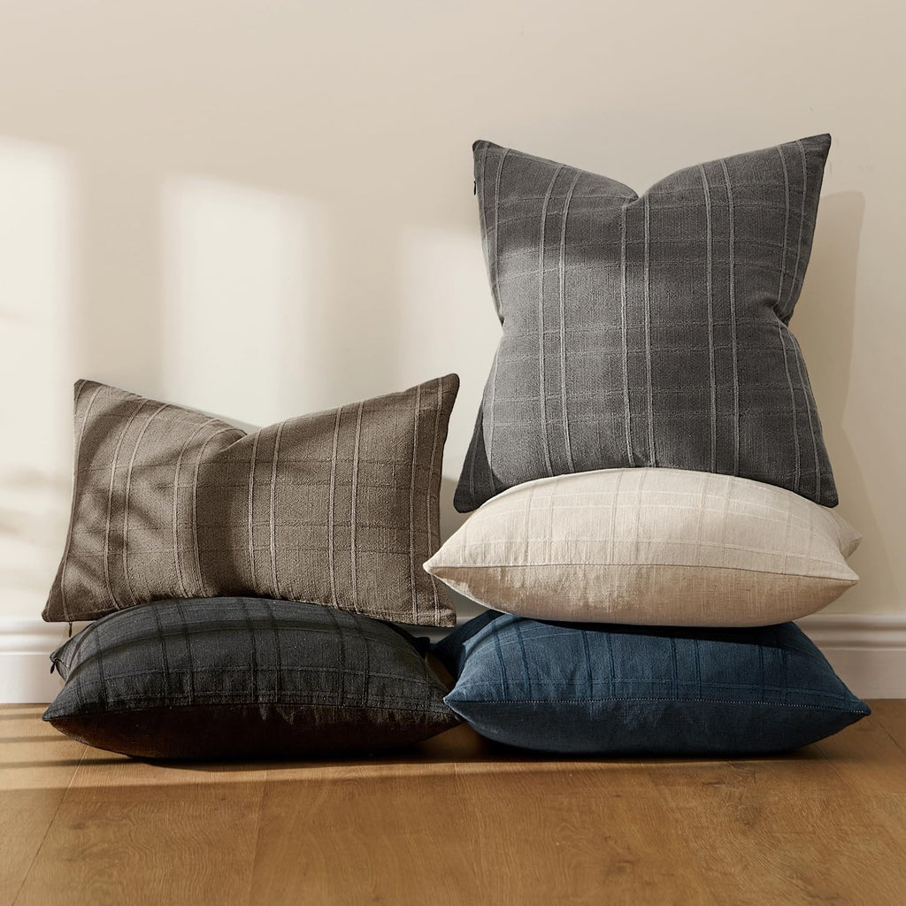 Miulee Decorative Linen Check Lumar Throw Pillow Covers Neutral Farmhouse Vintage Pillow Covers 20x20 Inch Set of 2 Boho Modern Home Decor…