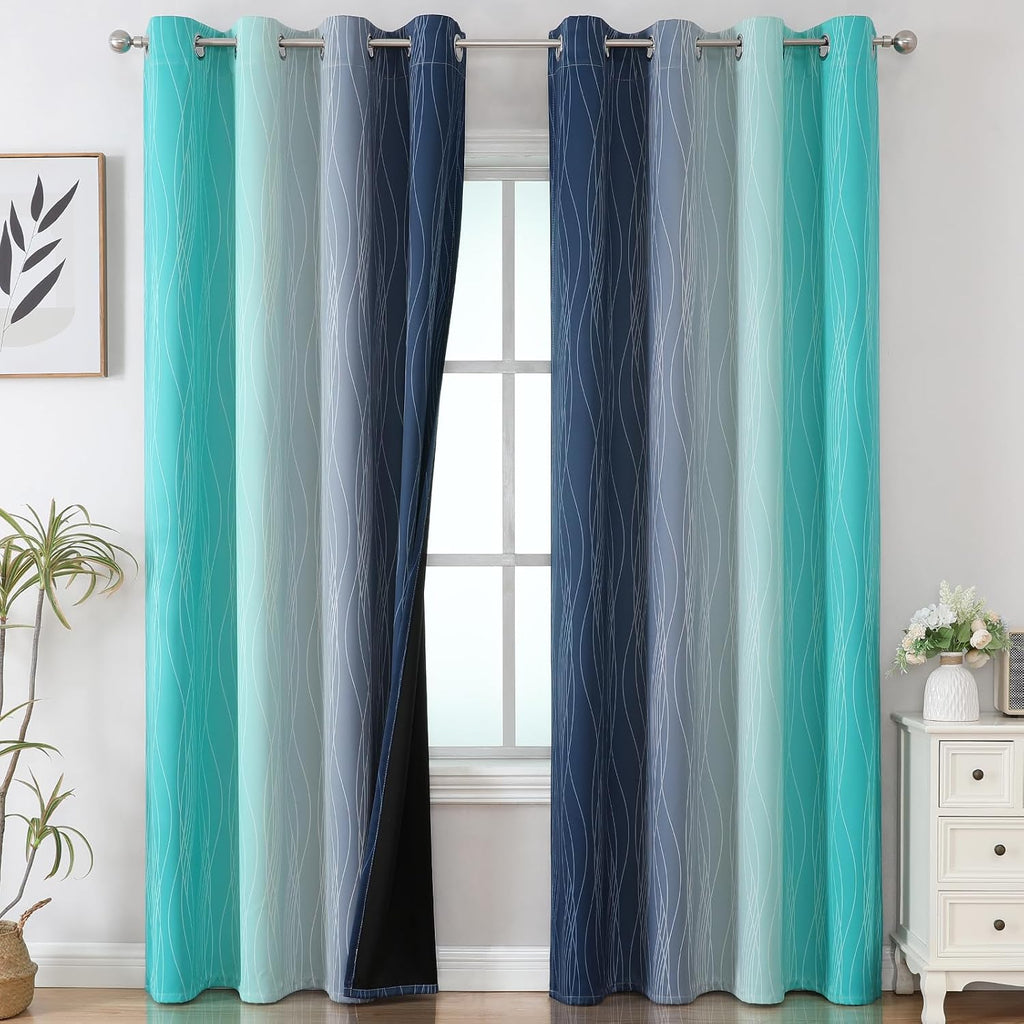 Estelartextiler Estelar Textiler Navy Blue and Teal Ombre Blackout Curtains 90 Inches Long 2 Panels for Living Room, Thermal Insulated Drap…