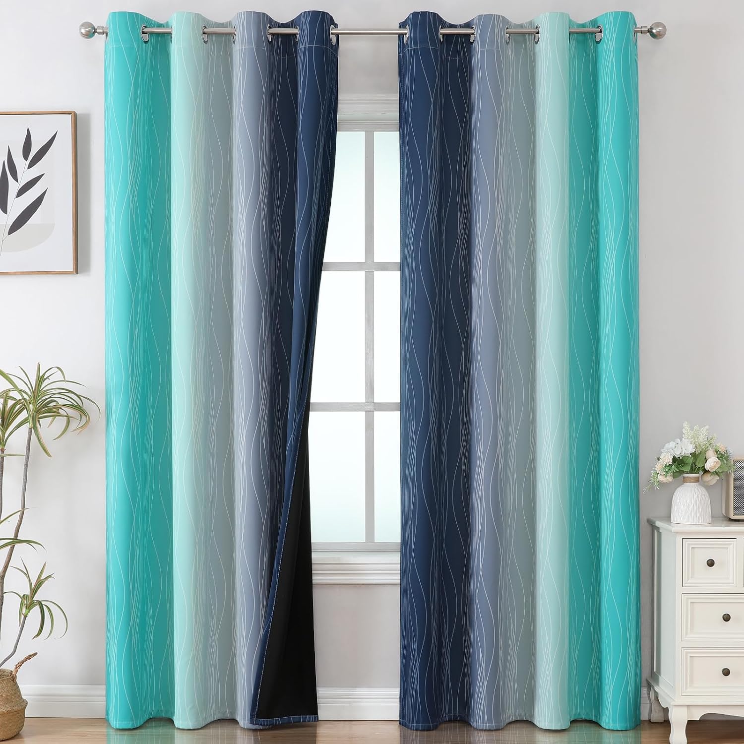 Estelartextiler Estelar Textiler Navy Blue and Teal Ombre Blackout Curtains 90 Inches Long 2 Panels for Living Room, Thermal Insulated Drap…