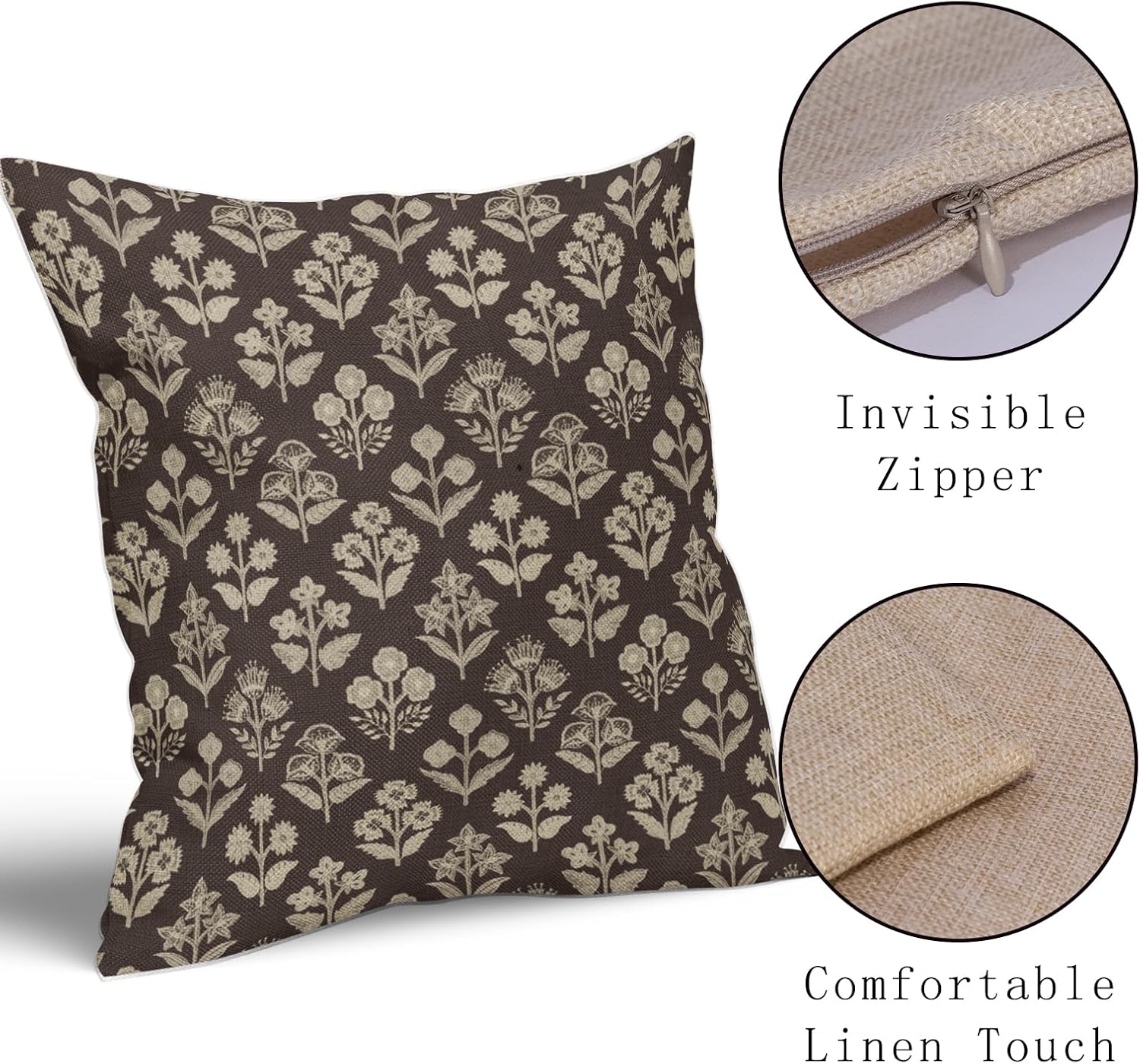 Dark Brown Floral Block Print Pillow Covers 18x18 Inch Set of 2, Vintage Flower Pattern Decorative Throw Pillowcases Outdoor Farmhouse…