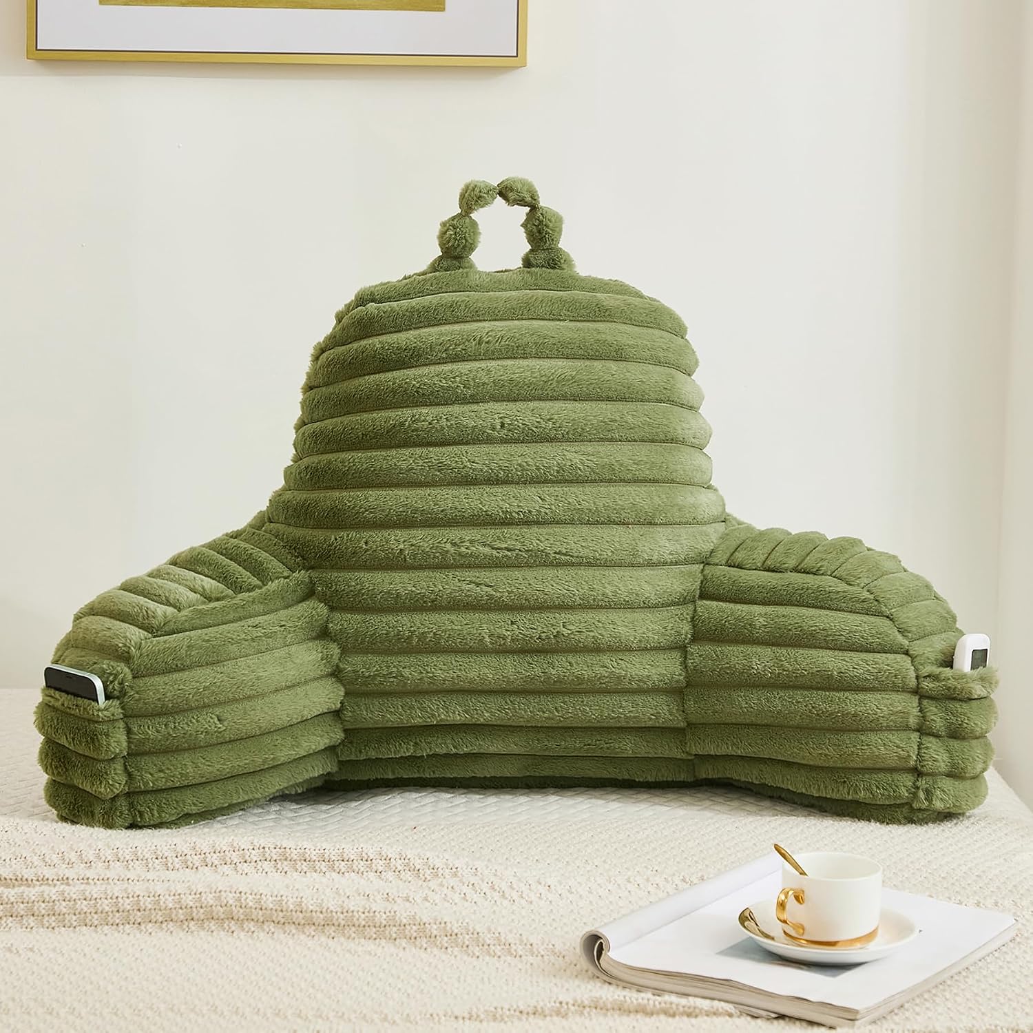 Memfydu Faux Fur Fluffy Sage Reading Pillow with Pockets, Luxury Striped Plush Decorative, Arm Rests and Back Support for Bed Rest, Loungin…