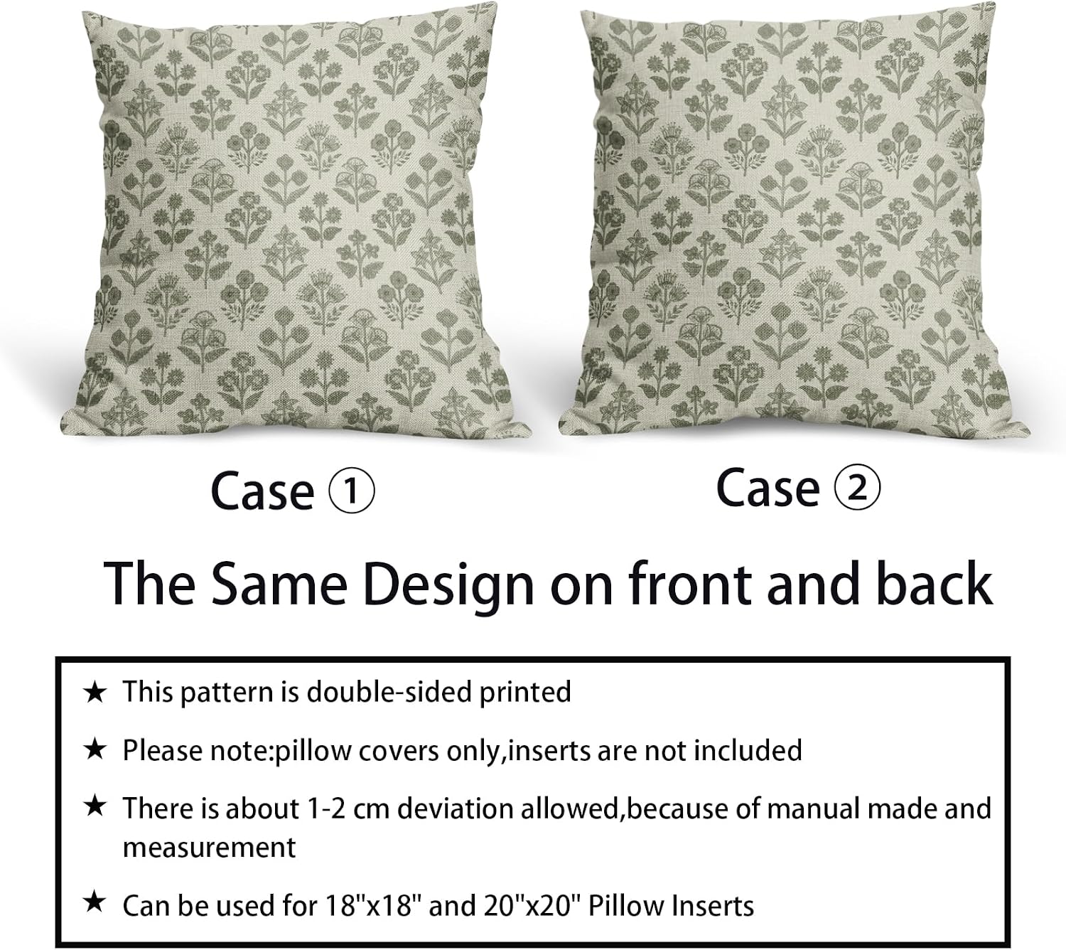 Sage Green Floral Pillow Covers 18x18 Inch Set of 2, Vintage Flower Block Print Pattern Decorative Throw Pillowcases Outdoor Farmhouse…