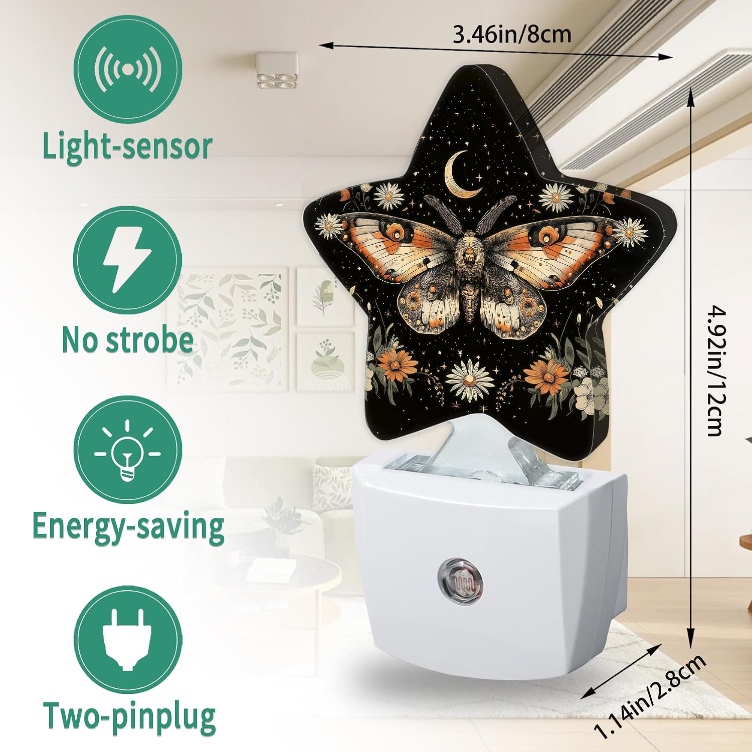 Boho Moth Flower Star Night Light Plug in, Soft Glow Night Light for Kids Bedroom Nursery, Gentle Warm Light for Sleep, Compact Lamp for…