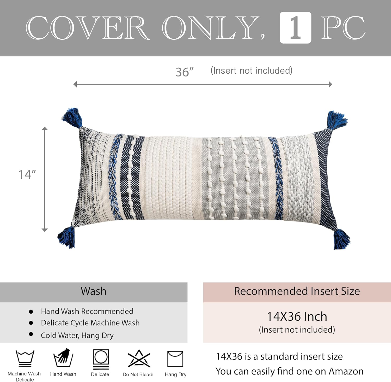 BlissBlush Navy Dark Blue Boho Decorative Lumbar Pillow Cover 14x36, Long Body Pillow for Bed, Accent Lumbar Throw Pillow for Couch…