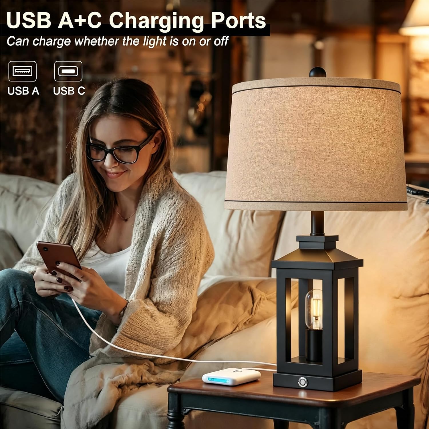 G-SAFAVA 23.75" Retro Farmhouse Black Table Lamp for Living Room Bedroom Nightstand Set of 2 Touch Control Bedside Nightlight Vintage…