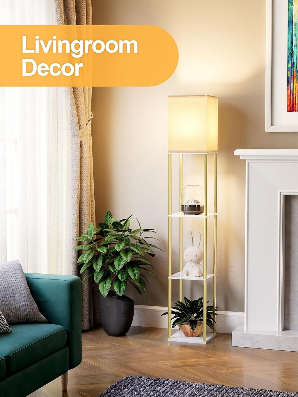 Floor Lamp with Shelves, Modern Corner Display Standing Column Shelf Lamp Etagere Organizer Tower Nightstand with White Linen Shade for…