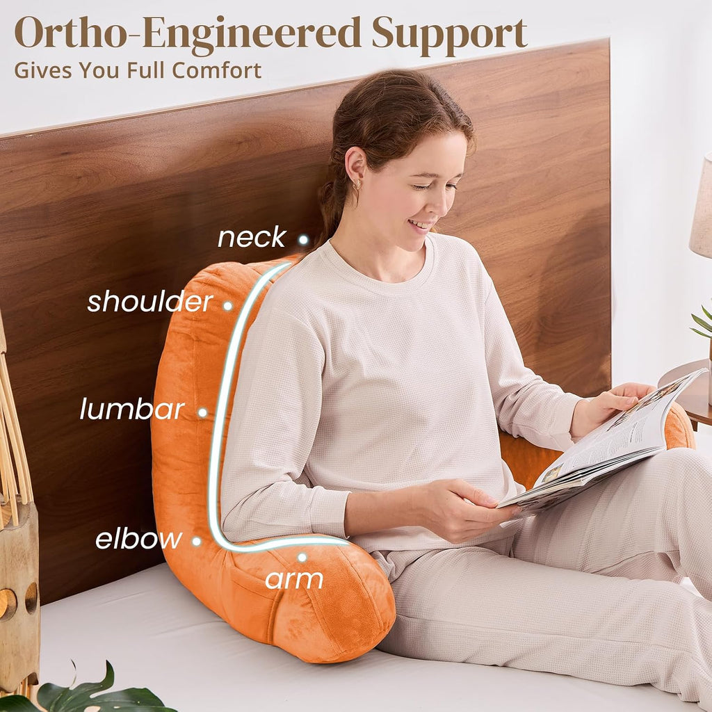 Sasttie Reading Pillow, Pillows for Reading or Relaxing – Ergonomic Support for Head, Neck, Back, and Lumbar, 21-Inch, Orange