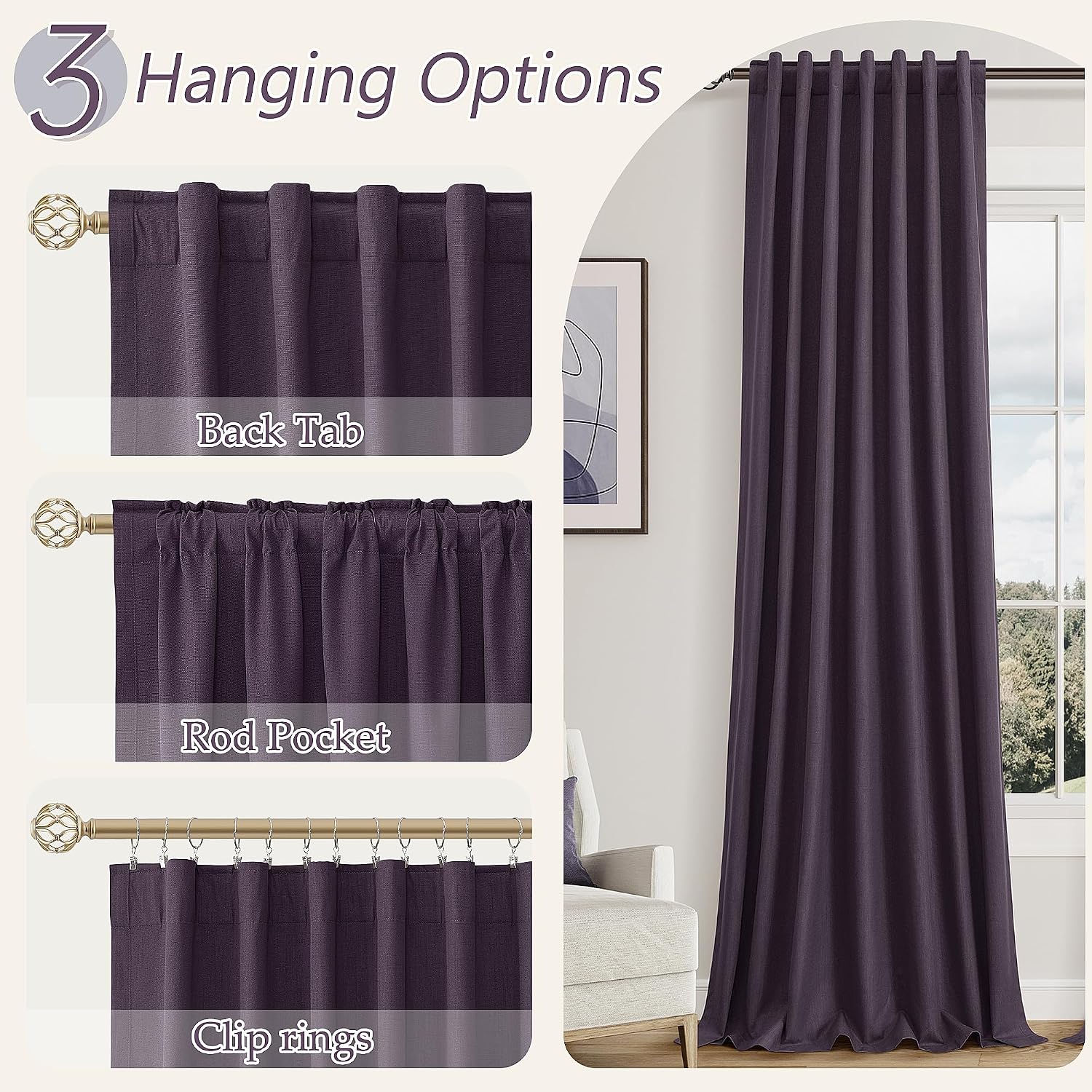 Guken 100% Blackout Curtains 108 Inch Length 2 Panels Set for Living Room Bedroom Back Tab Thermal Insulated Black Out Linen Drapes Room Da…