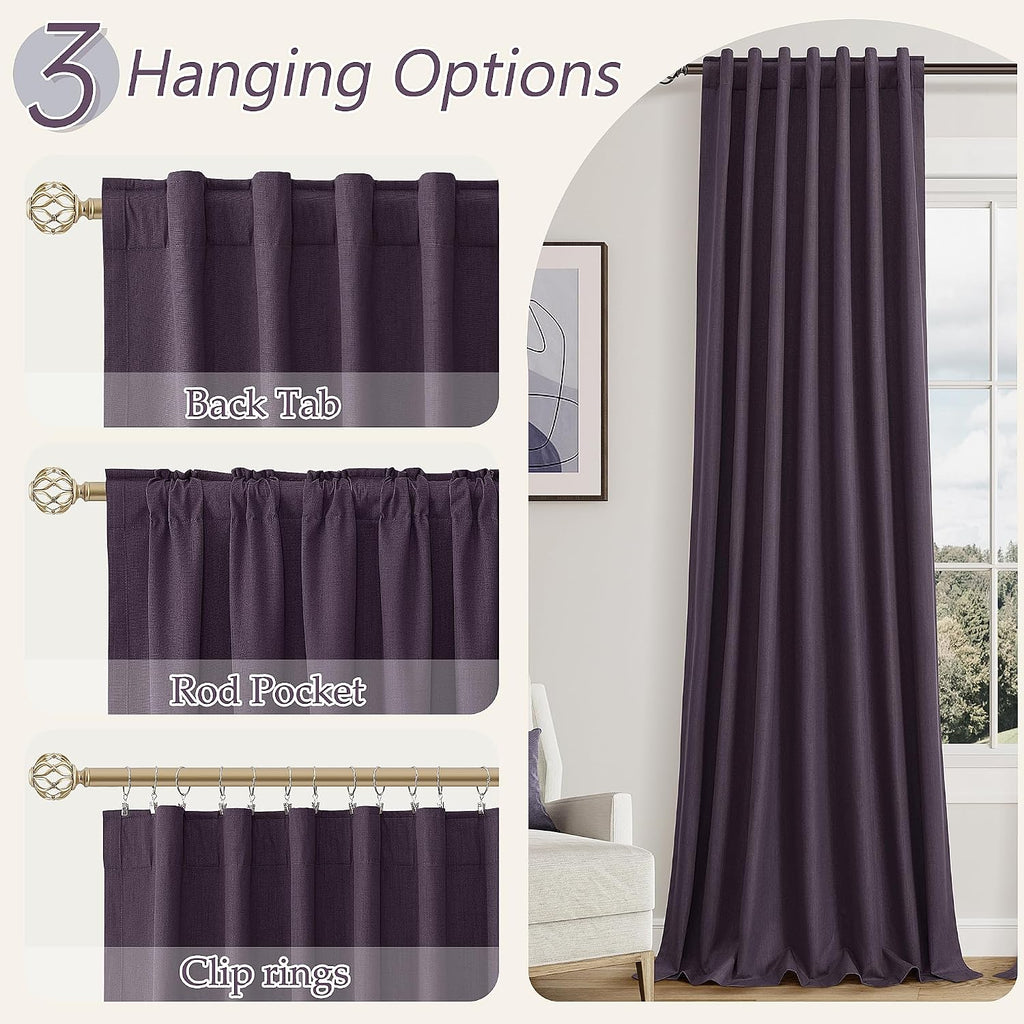 Guken Plum 100% Blackout Linen Curtains 90 Inch Length 2 Panels Set for Living Room Bedroom Back Tab Thermal Insulated Black Out Drapes Roo…