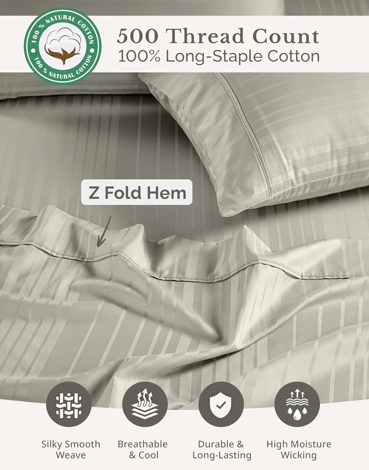 Casa Platino 100% Cotton Sheets King Size - 6 Pcs (1 Flat, 1 Fitted, 4 Pillowcases) - Striped 500 TC - Ultra Smooth Sateen Weave Bed…
