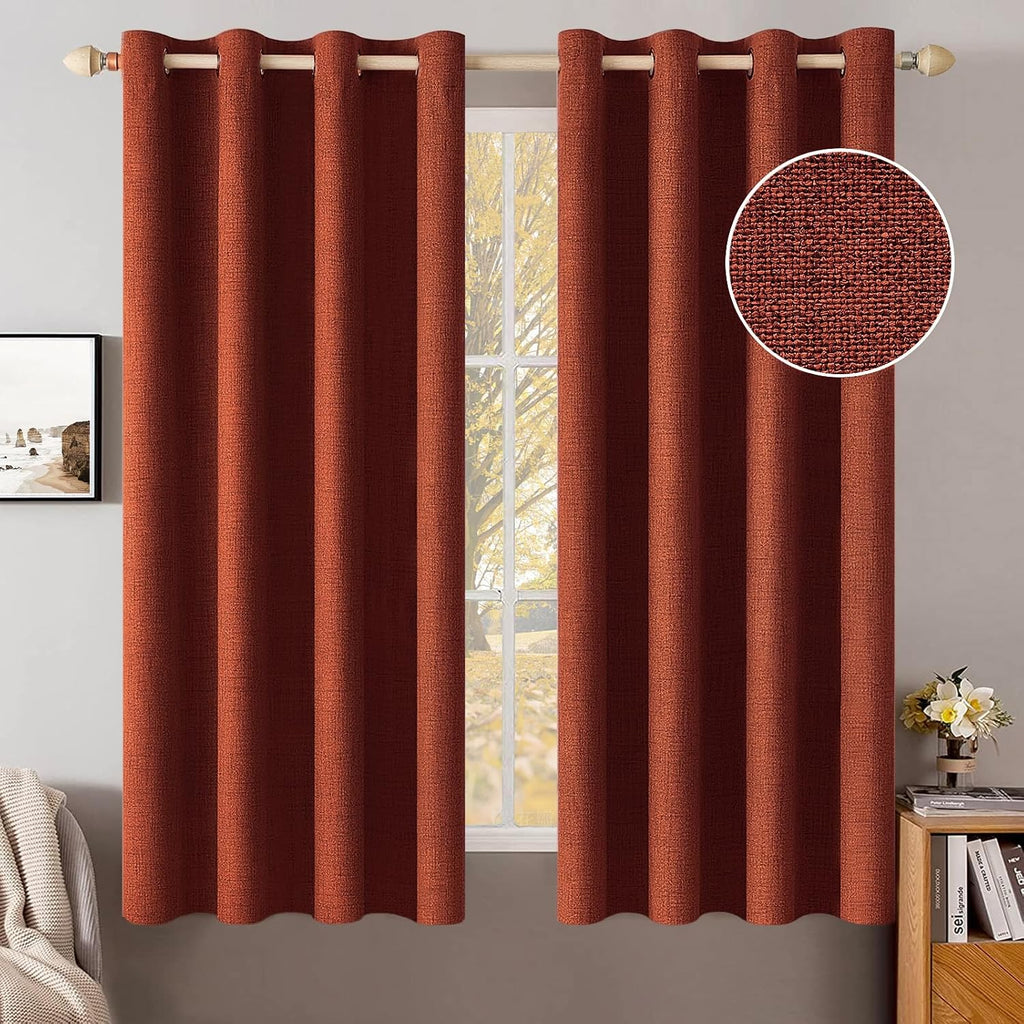 Miulee Linen Curtains for Bedroom 100% Blackout Thermal Insulated Burnt Orange Grommet Room Darkening Curtains & Drapes Rust Terracotta Fal…