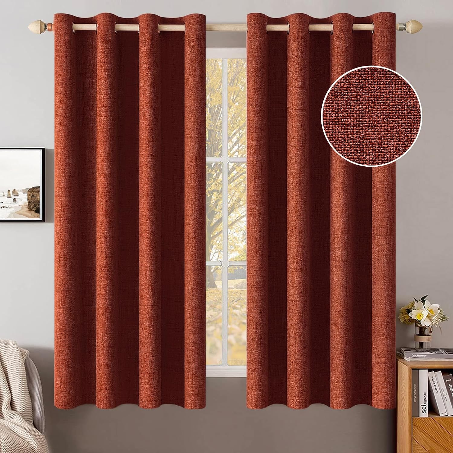 Miulee Linen Curtains for Bedroom 100% Blackout Thermal Insulated Burnt Orange Grommet Room Darkening Curtains & Drapes Rust Terracotta Fal…