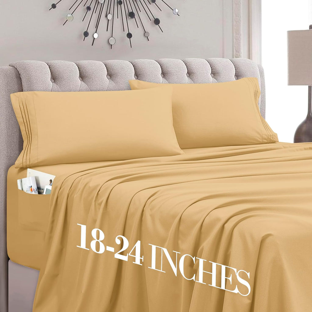 MocassiLuxuryBedding Mocassi Cal King Size 4-Piece Bed Sheet Set - 1800 Hotel Quality Microfiber 18-24 Inches Extra Deep Pocket Fitted Shee…