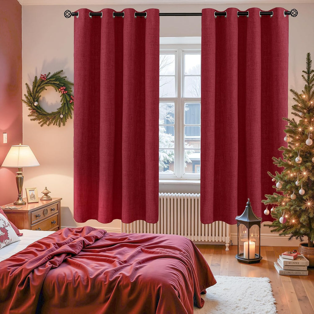 YoungsTex Burgundy Linen Blackout Curtains 72 Inches Long for Bedroom, Room Darkening Window Drapes with Grommet Thermal Insulated for Livi…