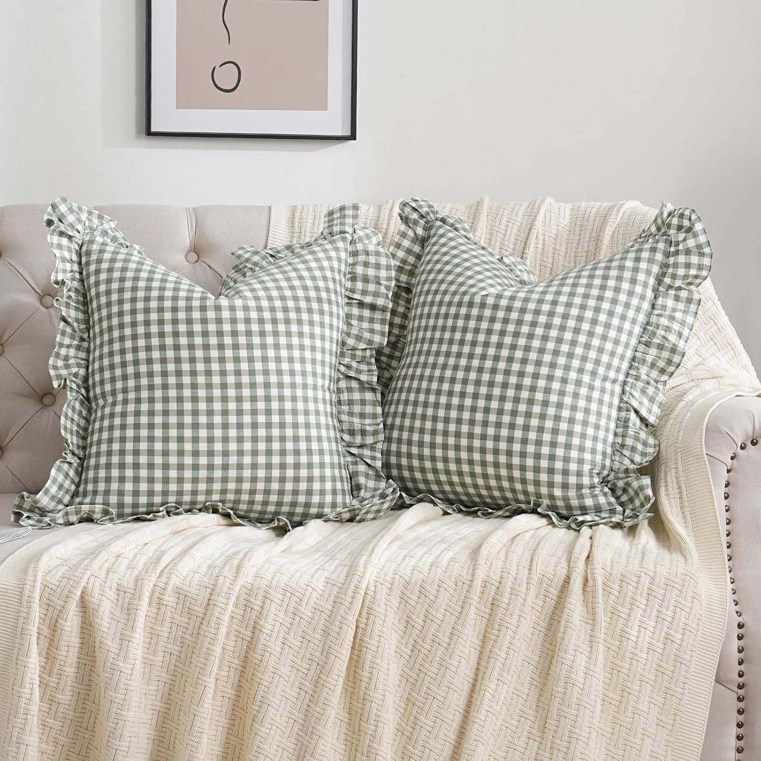 Qilunn 2 Pack Sage Green/White Plaid Ruffle Throw Pillow Covers Farmhouse Checkered Chic Washed Cotton Pillowcases Gingham Pillow Shams for…