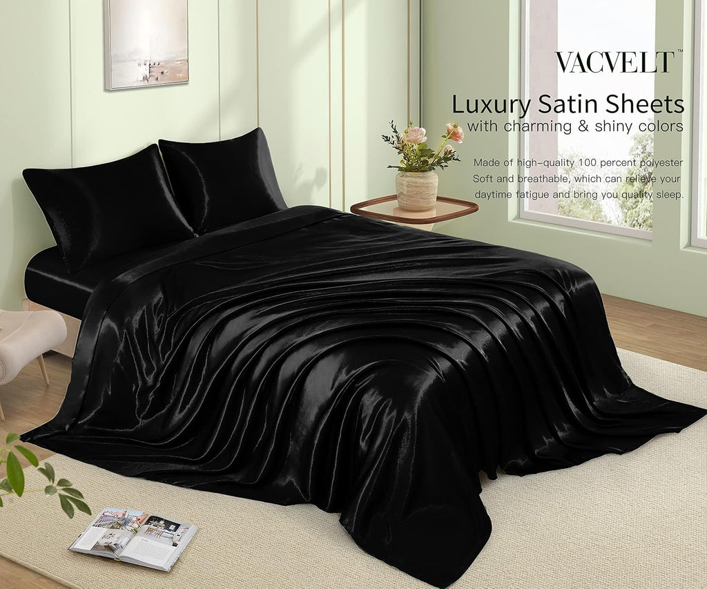 VACVELT 4pcs Black Satin Sheets Full Size Bed Set, 15 Inch Deep Pocket Silky Satin Sheet Set, Soft Satin Bedding Set Cooling & Luxury Bed…