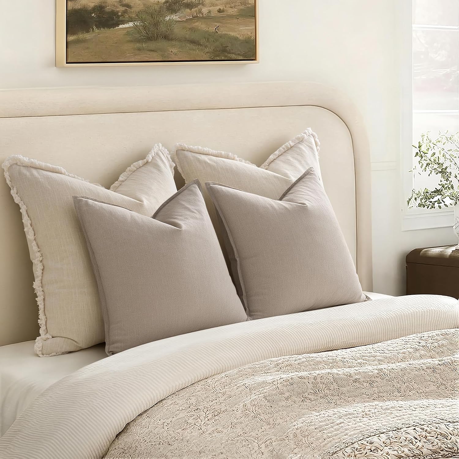 Anroduo Pack of 2 Decorative Linen Pillow Covers Natural Linen Neutral Farmhouse Boho Soild Cushion Case Soft Accent Pillowcase for Couch S…