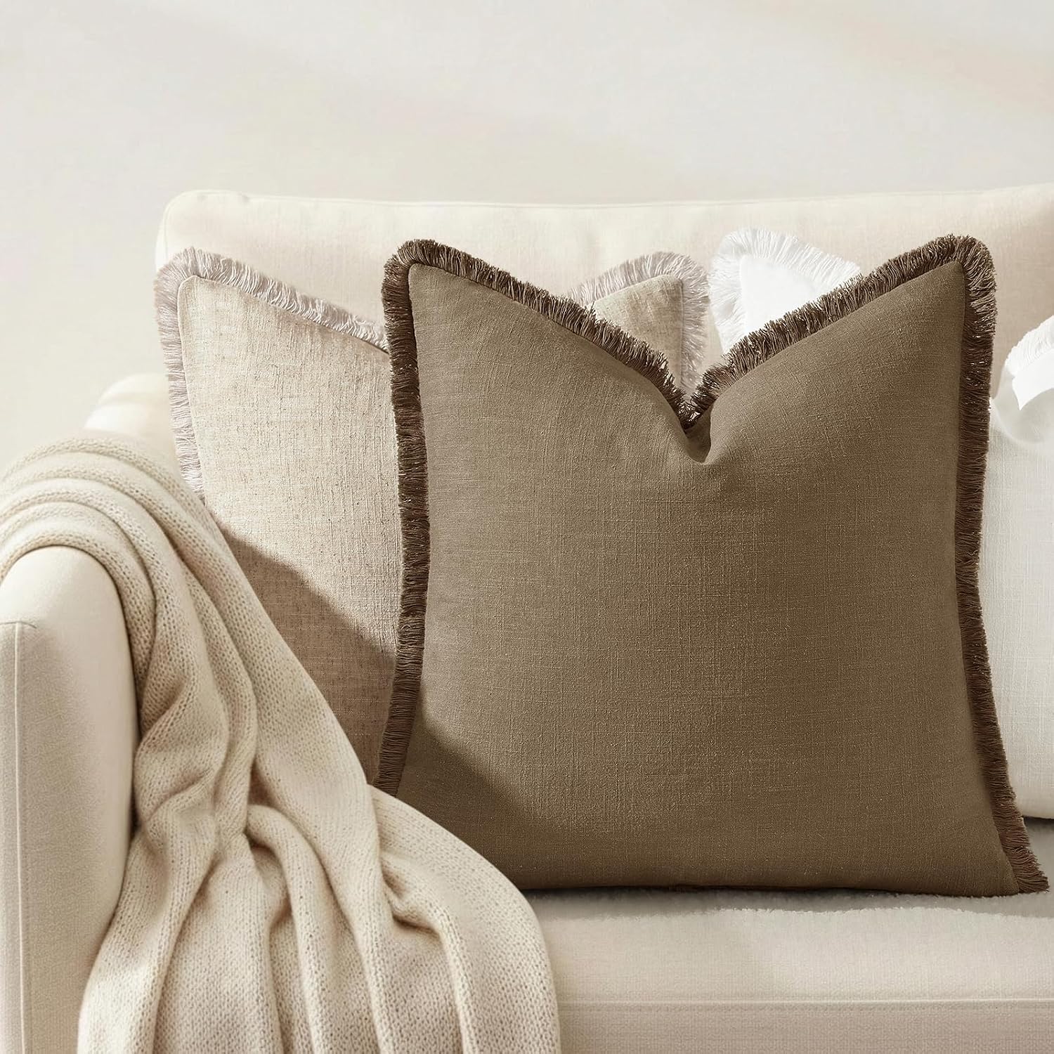 decorUhome Summer Decorative Neutral Linen Fringe Euro Sham Throw Pillow Covers Set of 2 Light Brown Pillow Covers with Tassels Soft Farmho…