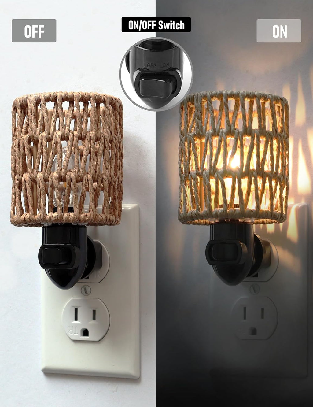 Boho Plug in Night Light with Switch, 2-Pack Farmhouse LED Night Lights Plug into Wall Socket, 0.5W Baby Nursery Nightlight with Bohemian…