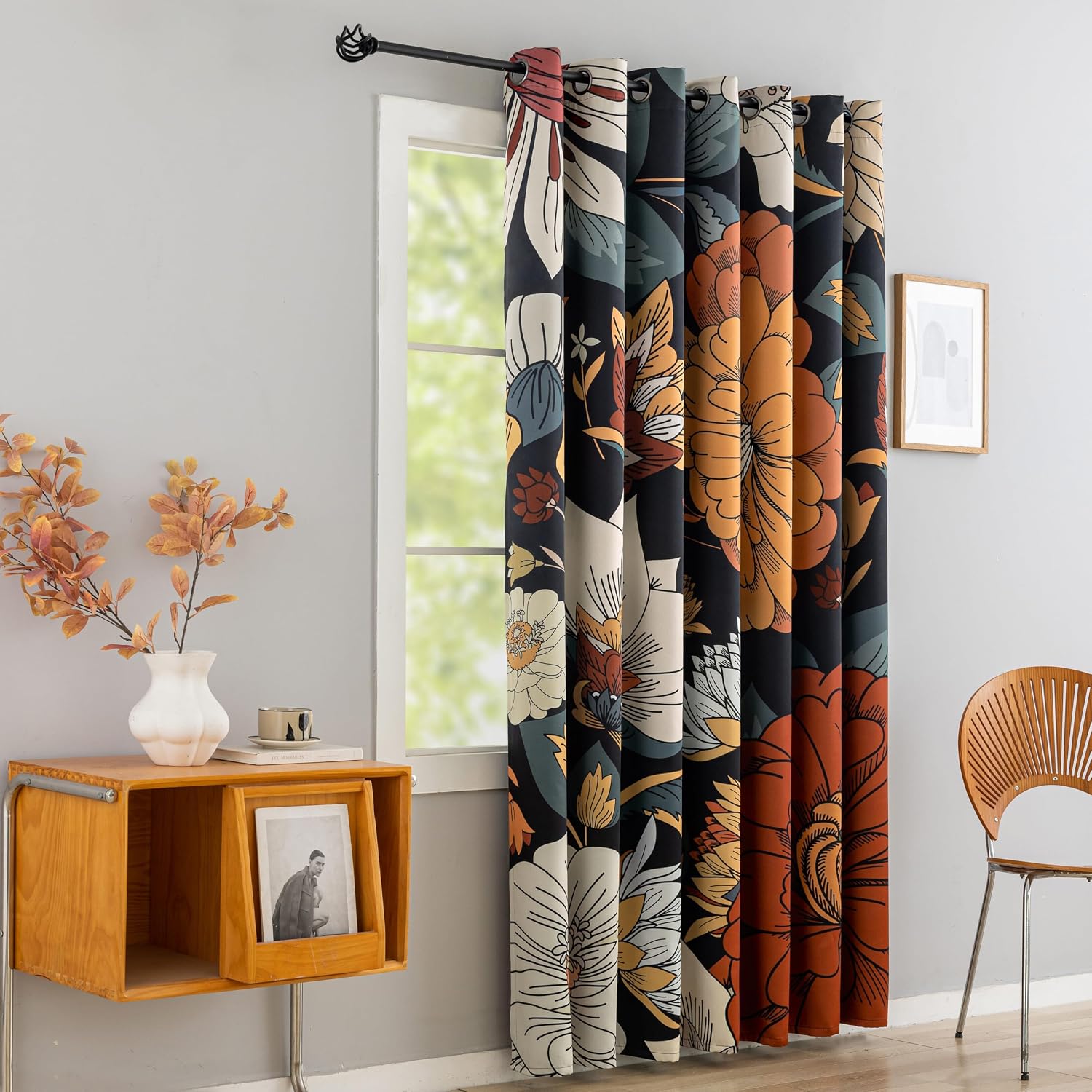 Tyrot Black Boho Floral Blackout Curtains for Sliding Glass Doors 84 inch Length Extra Wide Curtains for Patio Sliding Door Living Room…