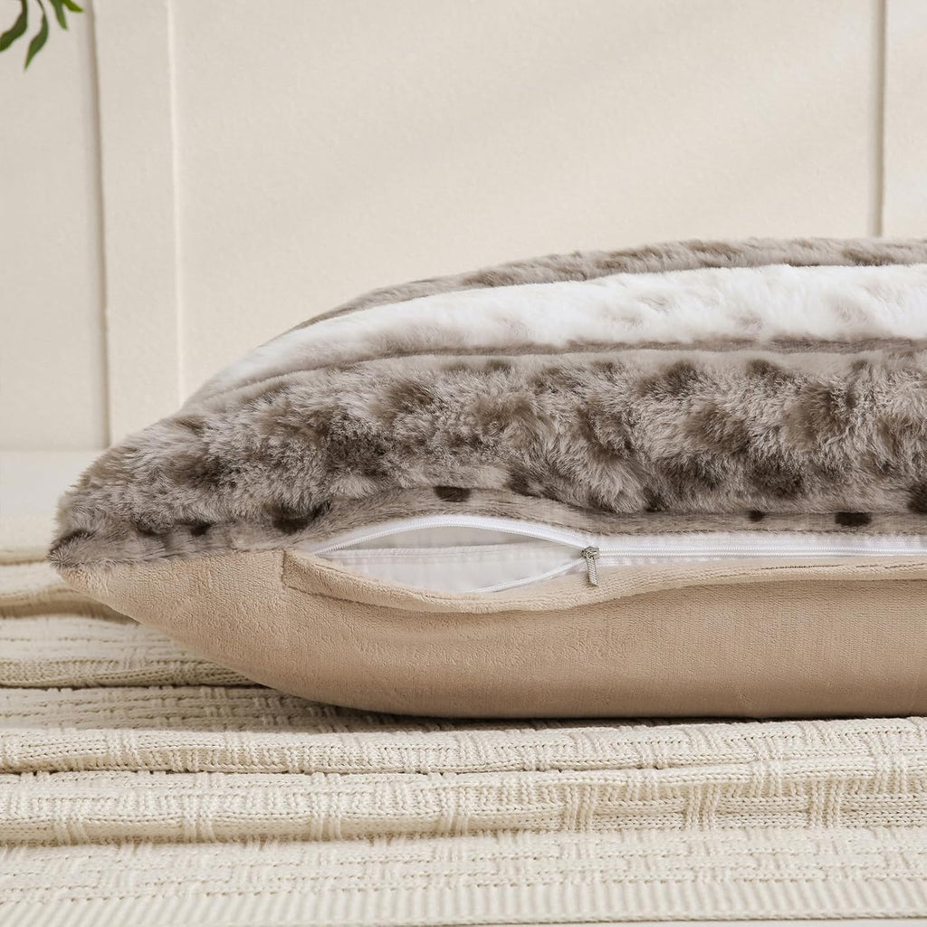 Chumerry Fuzzy Faux Fur Pillow Case Plush Shaggy Pillow Cover Plaid Check Texture Extra Soft Fluffy Faux Rabbit Fur Fabric Brown Decorative…
