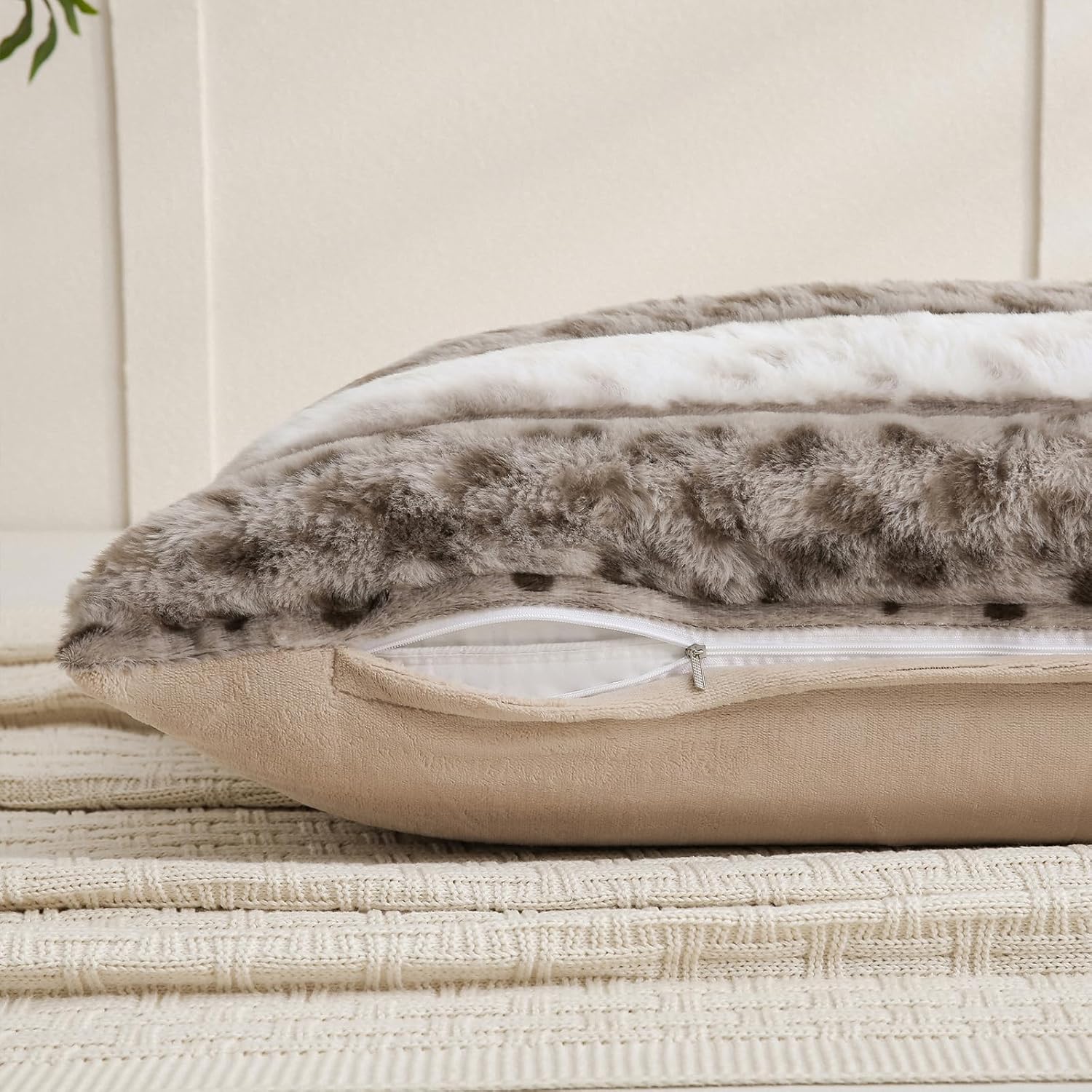 Chumerry Fuzzy Faux Fur Pillow Case Plush Shaggy Pillow Cover Plaid Check Texture Extra Soft Fluffy Faux Rabbit Fur Fabric Brown Decorative…