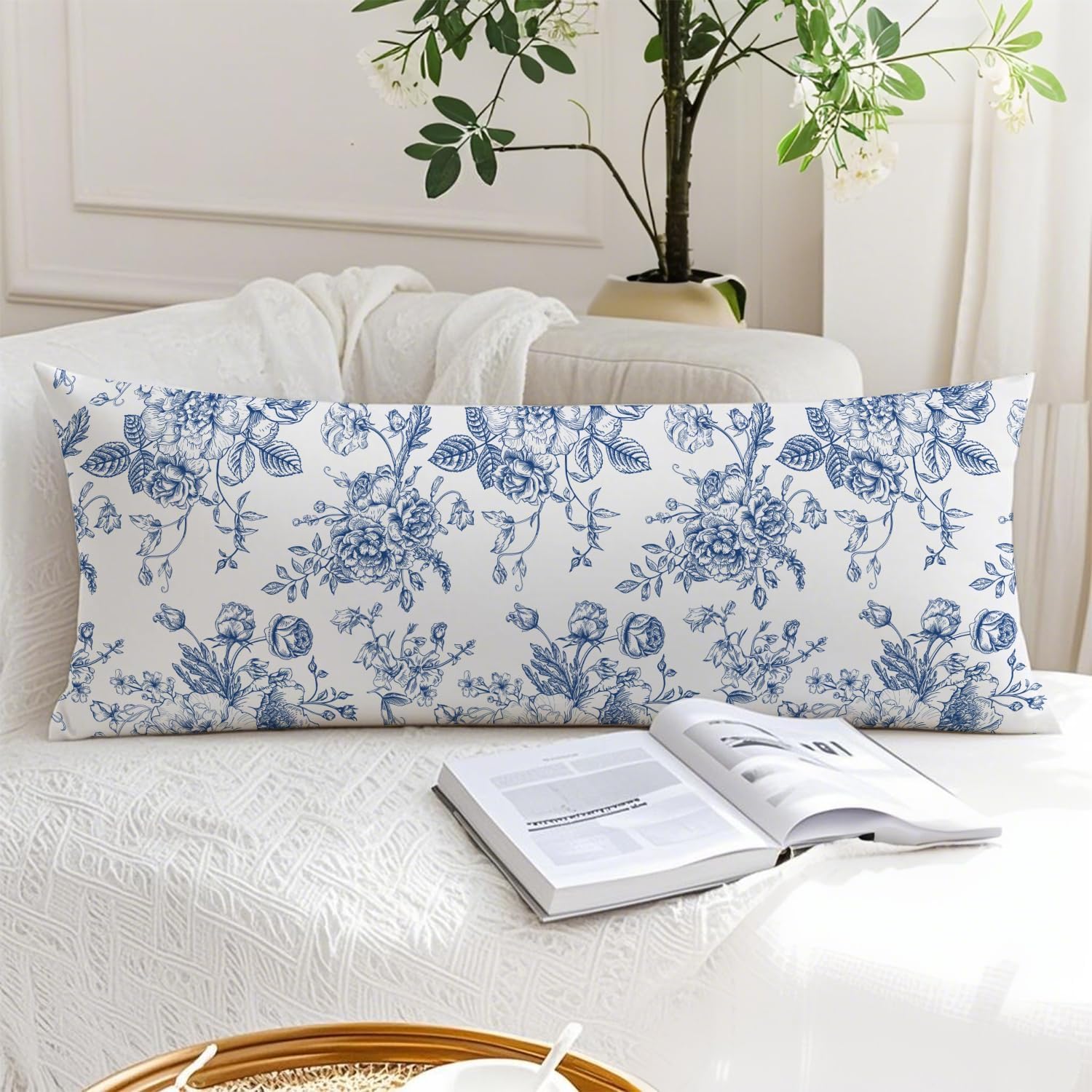 Vintage Blue Floral Chinoiserie 20x54 Body Pillow Cover, Grandmillennial Home Decor, Chinoiserie Decor, Blue and White Flower…