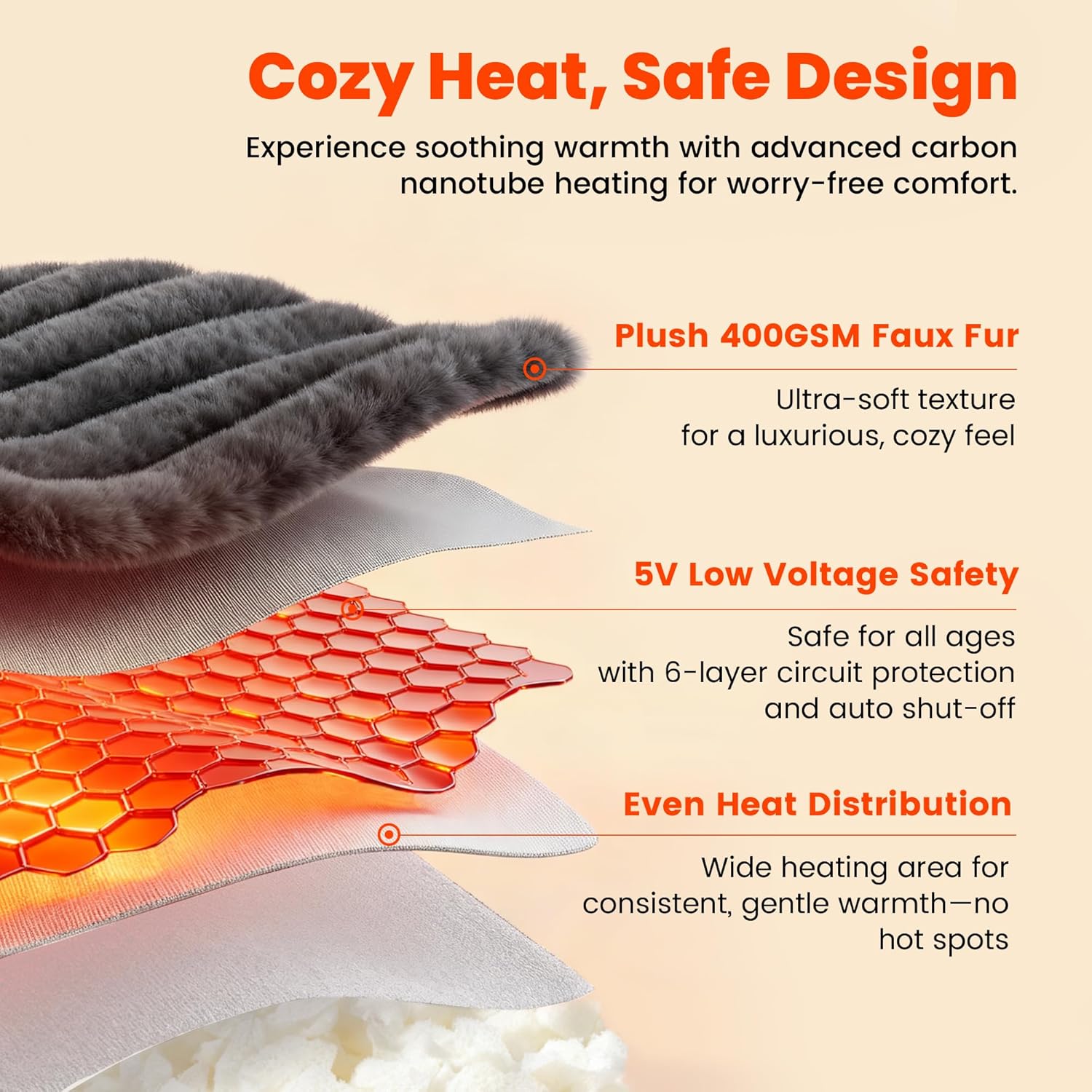Amélie Home Heated Faux Fur Reading Pillow 3 Temperature Backrest for Sitting in Bed Support Cushion, USB-Powered(No Power Bank Included)…