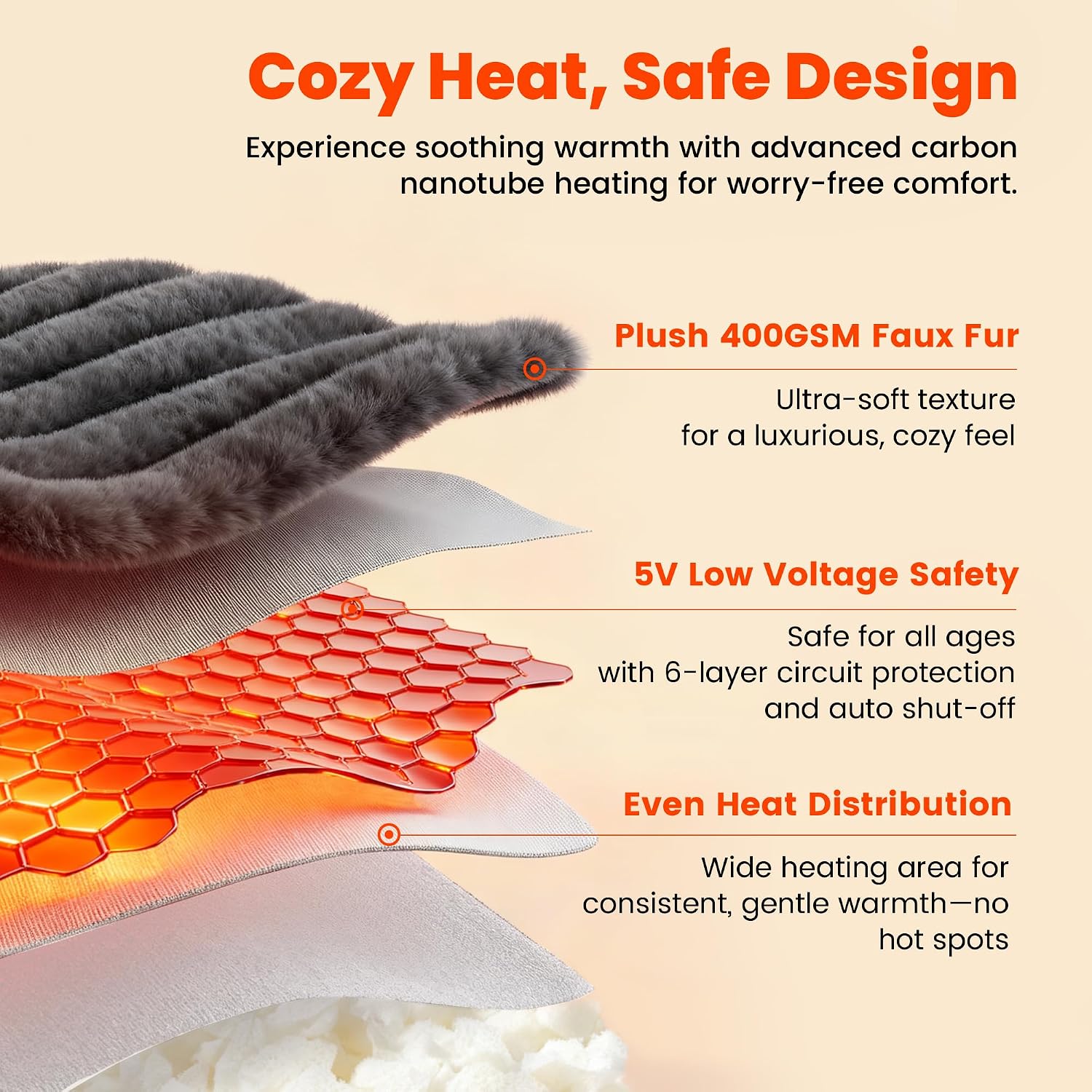 Amélie Home Heated Faux Fur Reading Pillow 3 Temperature Backrest for Sitting in Bed Support Cushion, USB-Powered(No Power Bank Included)…
