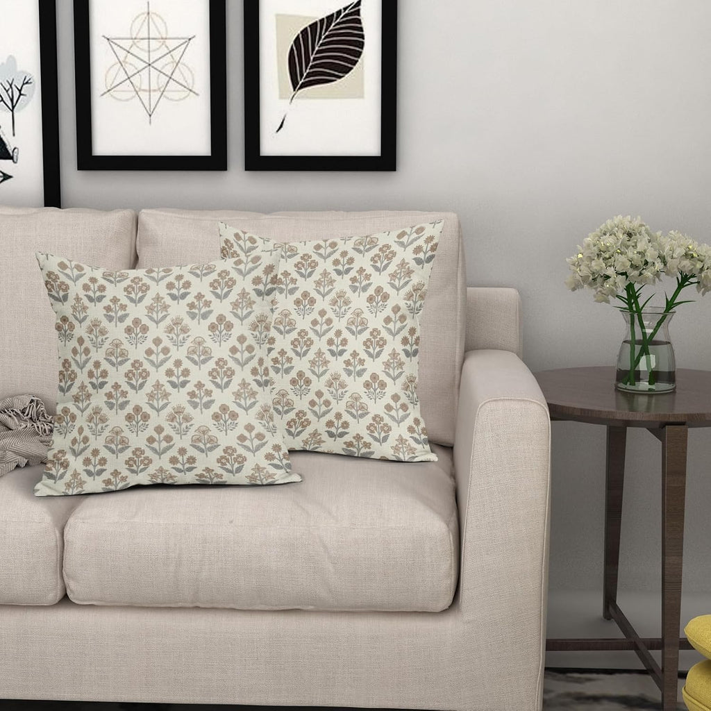 Brown Grey Gray Floral Block Print Pillow Covers 18x18 Inch Set of 2, Vintage Flower Pattern Decorative Throw Pillowcases Outdoor…