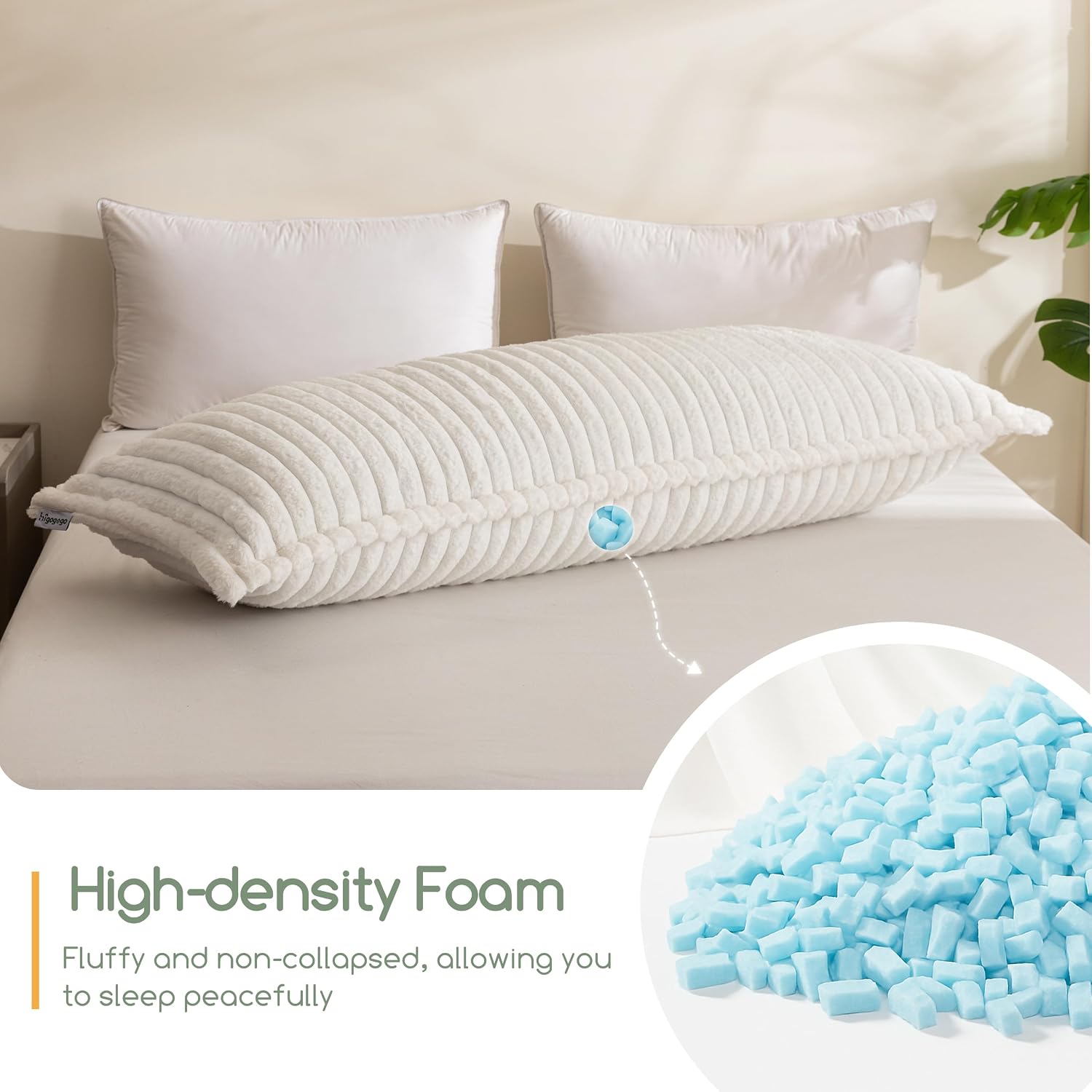 Higogogo Memory Foam Body Pillow, Thickened Large Long Bed Pillow for Adults, Full Body Pillow with Removable Pillow Cover(20x54 Inch), Beige