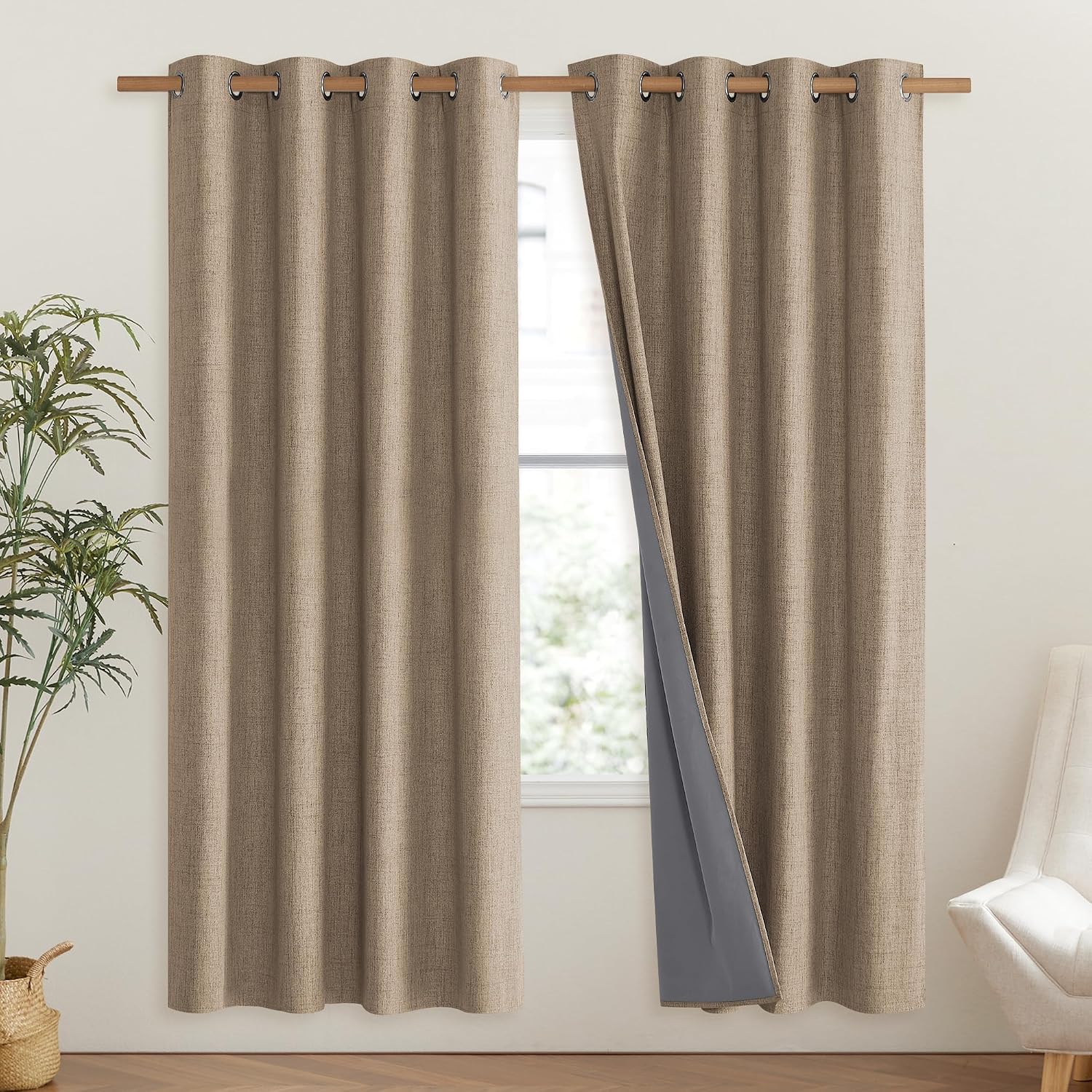 NICETOWN Burlap Vintage Open Linen Weave Flax Thermal Curtains, 100% Blackout Curtains 72" Long for Dining Room, Soundproof Window…