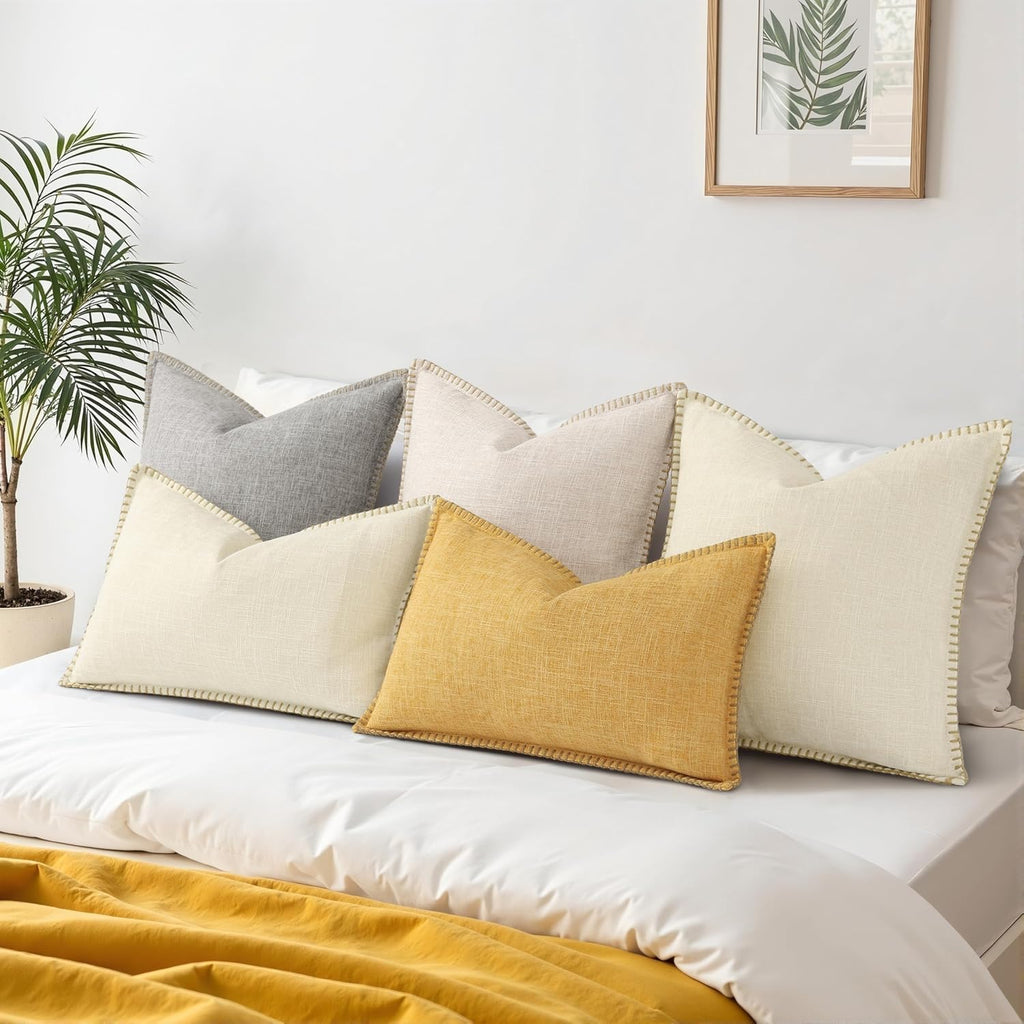 decorUhome Summer Decorative Throw Pillow Covers 18x18 Set of 2 Square Faux Linen Outdoor Neutral Farmhouse Pillow Covers with Stitched…