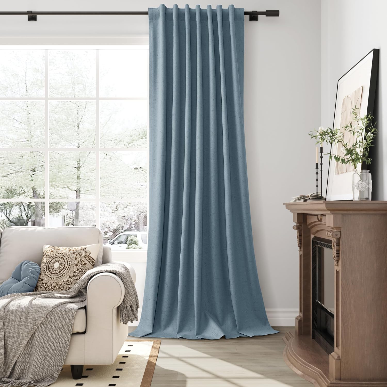 Guken Blue Linen 100% Blackout Curtains 108 Inches Long 2 Panels Set Country Farmhouse Back Tab Hook Belt Black Out Room Darkening Thermal…