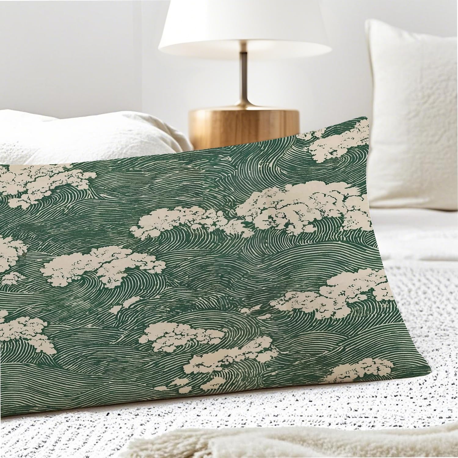 Japanese Waves 20x54 Body Pillow Cover, Japandi Home Decor, Traditional Oriental Forest Green Sea Waves Decorative Long Body Pillow Cases…